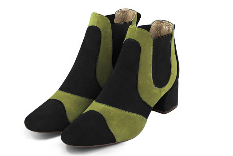 Matt black and pistachio green women's ankle boots, with elastics. Round toe. Low flare heels. Front view - Florence KOOIJMAN